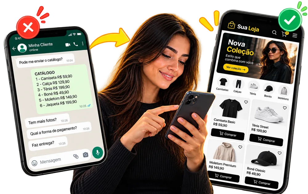Cliente trocando um catálogo pelo WhatsApp por uma loja virtual profissional